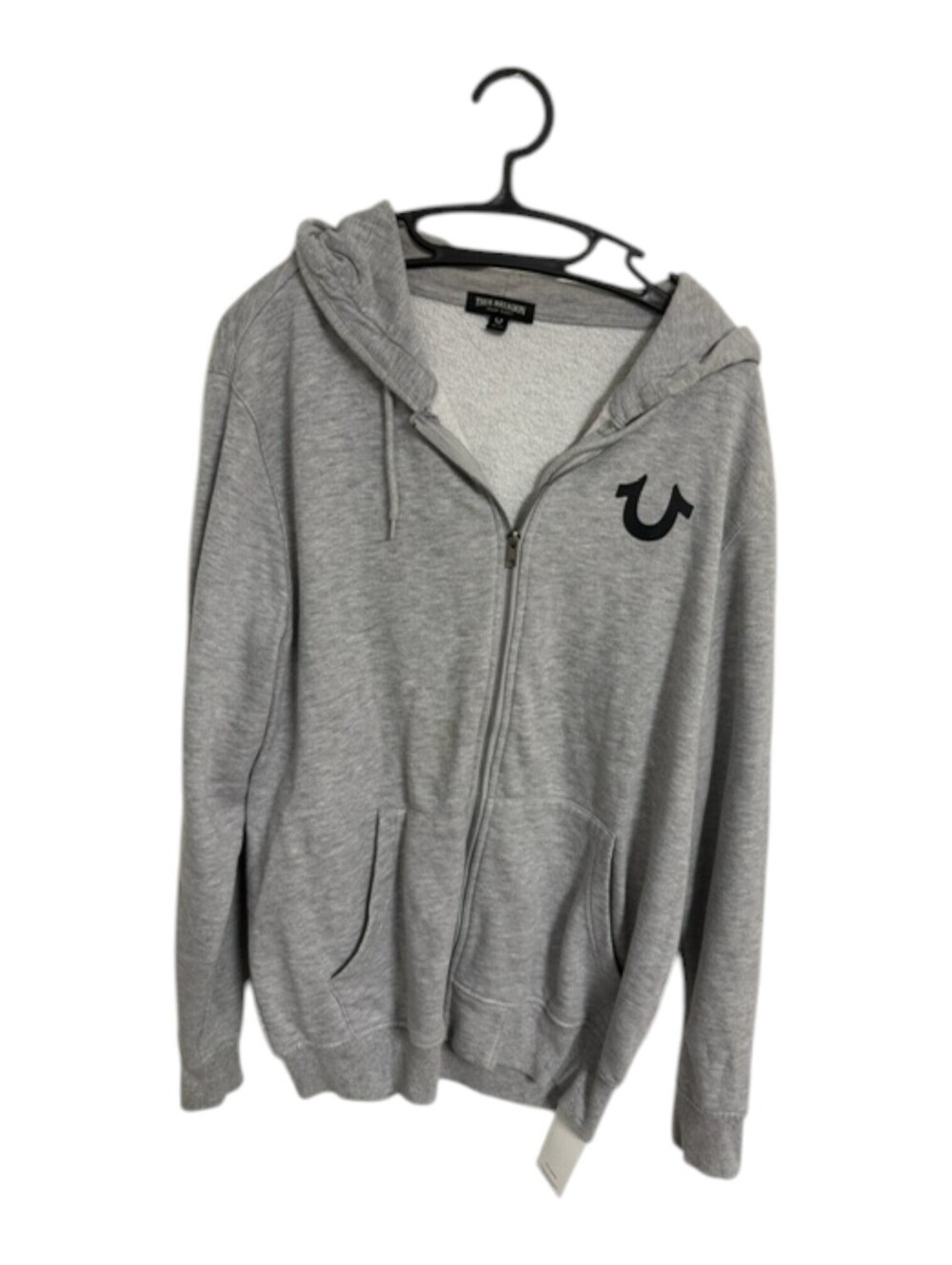 True Religion XL Gray Zip-Up Hoodie with Logo Print Y2K Streetwear Urban Normcor